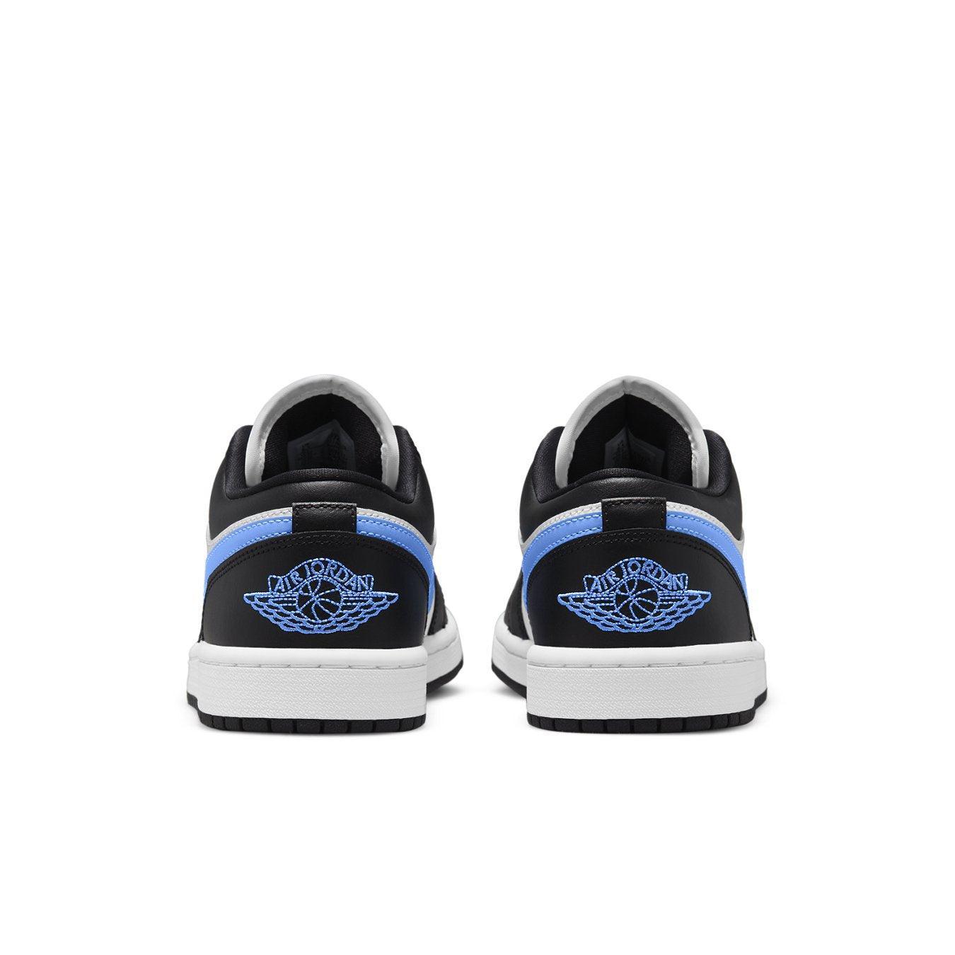 Back view of the Jordan 1 Low Black University Blue White sneakers for women, featuring sleek design and bold black accents.