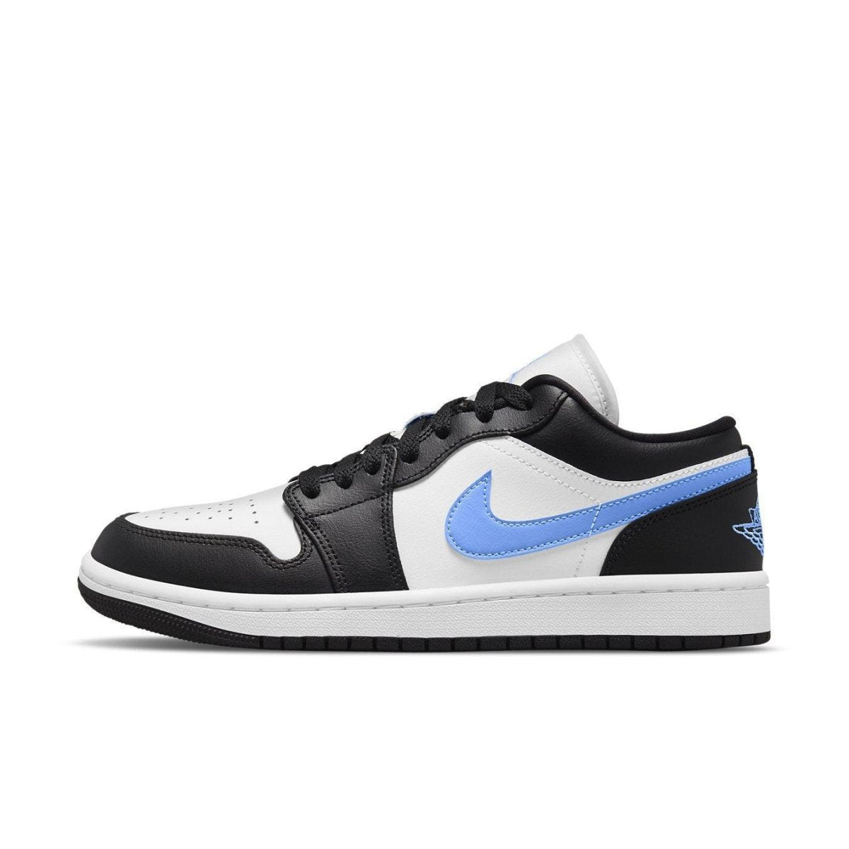 Air Jordan 1 Low Black University Blue White for women, featuring sleek black, white, and blue accents.