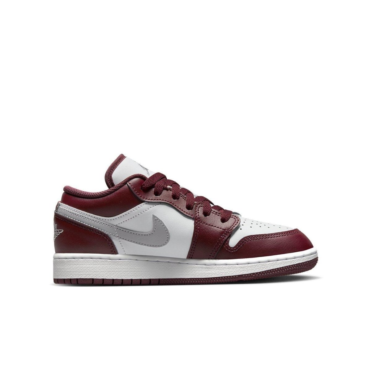 Air Jordan 1 Low Bordeaux GS in burgundy and gray leather with classic style and modern comfort features.