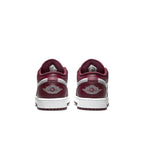 Rear view of Air Jordan 1 Low Bordeaux GS showing burgundy leather upper and iconic Jordan Wings logo details.