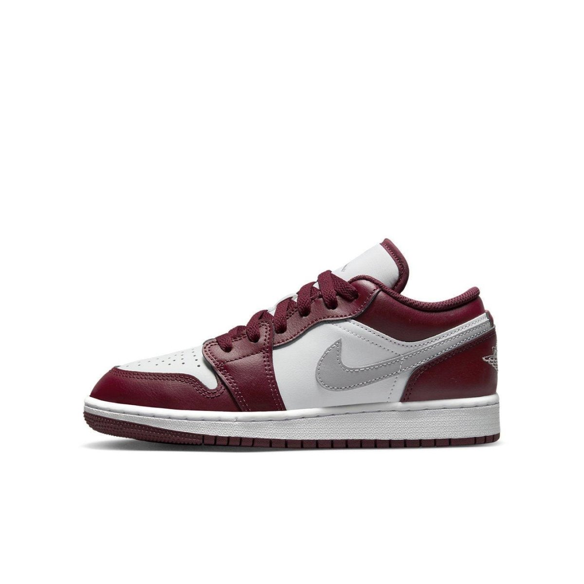 Nike Air Jordan 1 Low Bordeaux GS sneaker in red and white leather with classic design and modern features.