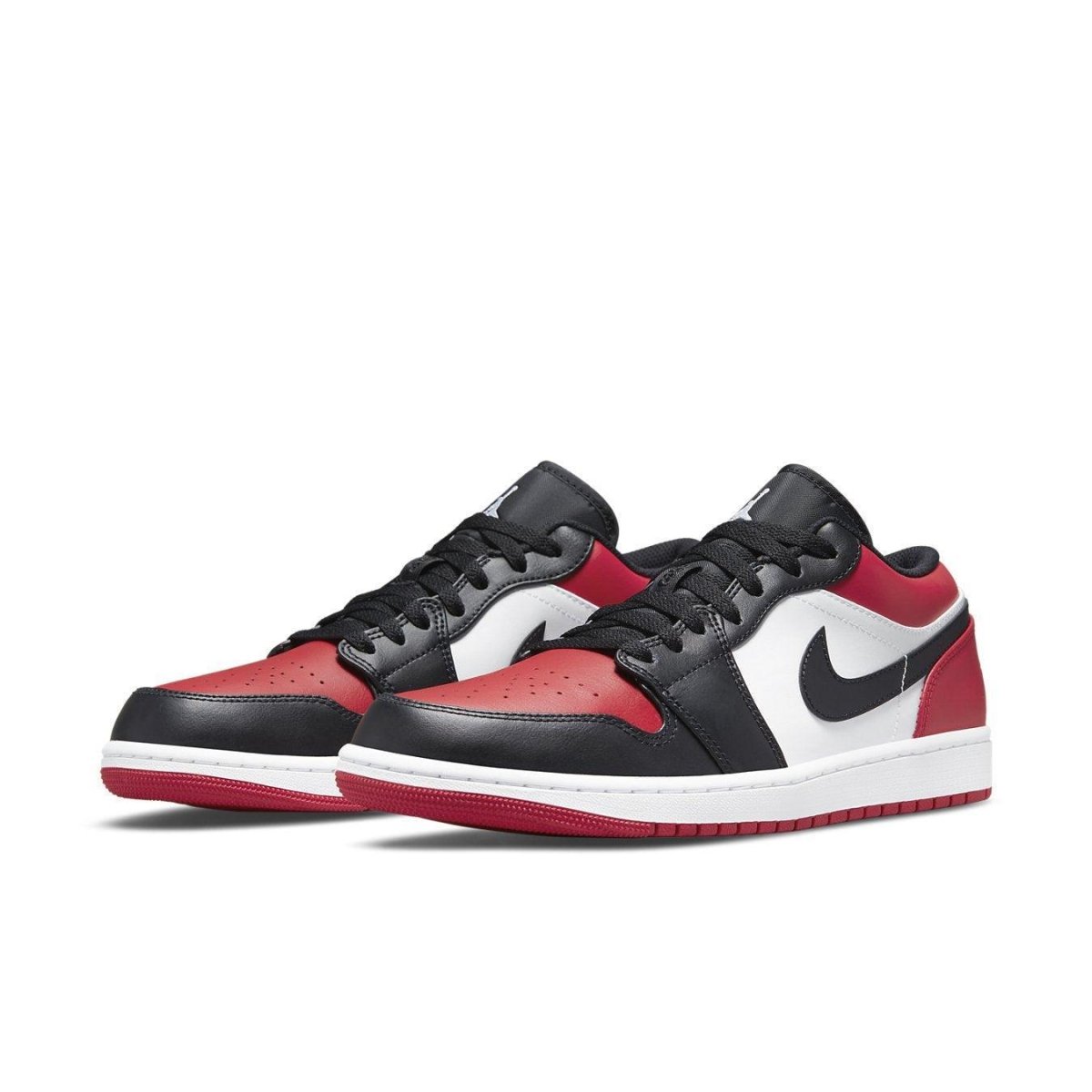 Air Jordan 1 Low Bred Toe sneakers featuring black, red, and white color scheme with iconic logo.
