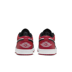 Retro Air Jordan 1 Low Bred Toe sneaker rear view showcasing red and black design with Wings logo.
