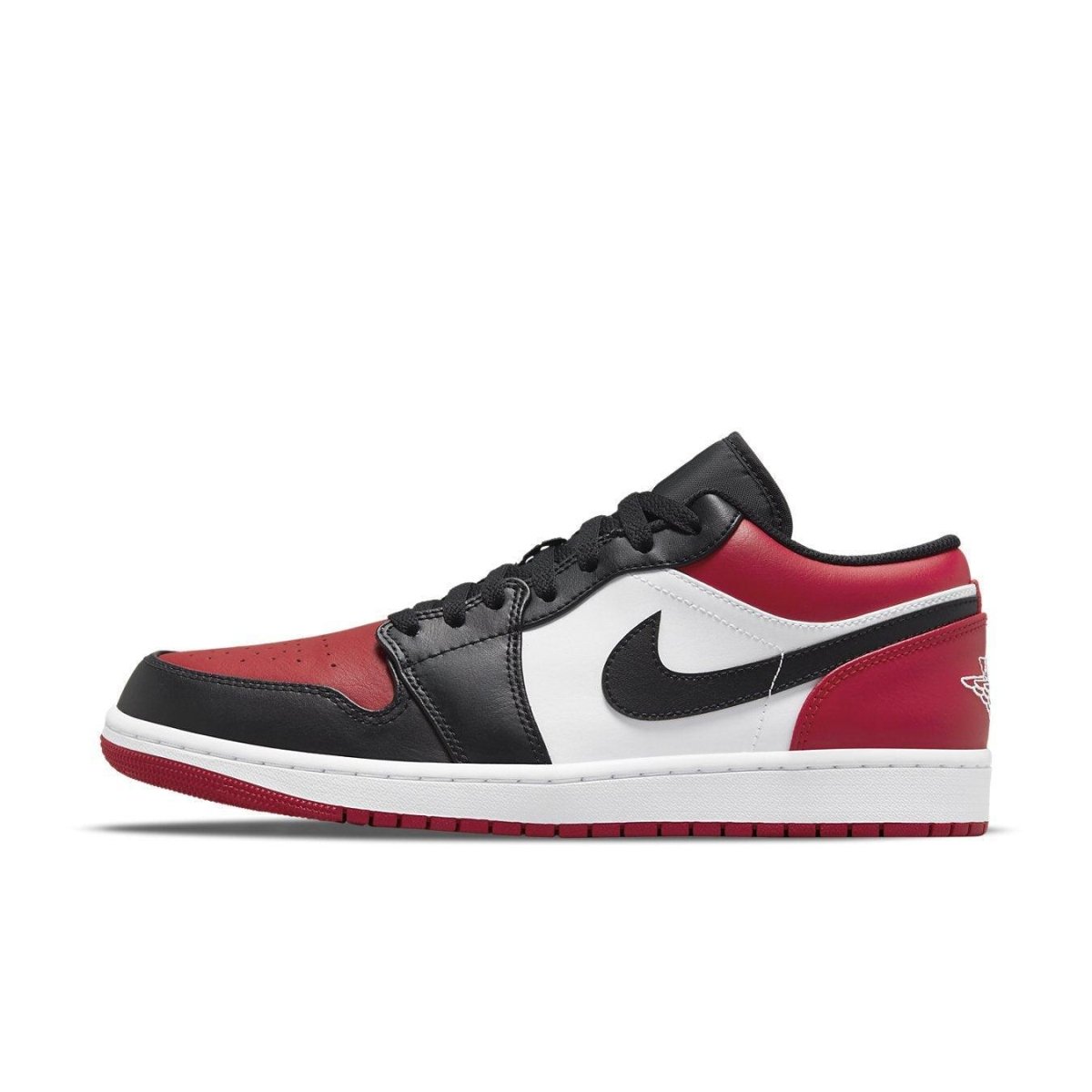 Jordan 1 Low Bred Toe sneaker featuring red, black, and white color blocking, classic design and iconic Wings logo.