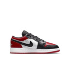 Jordan 1 Low Bred Toe (GS) sneakers in red, black, and white leather, featuring a classic design and sporty style.