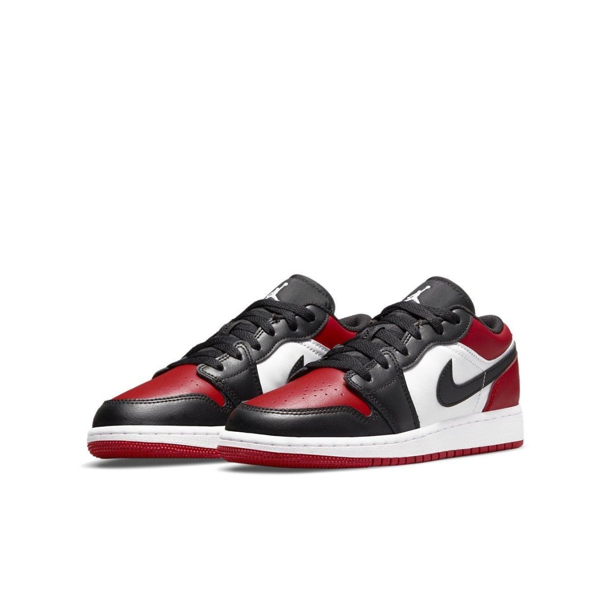 Jordan 1 Low Bred Toe GS sneakers in black, red, and white leather design.