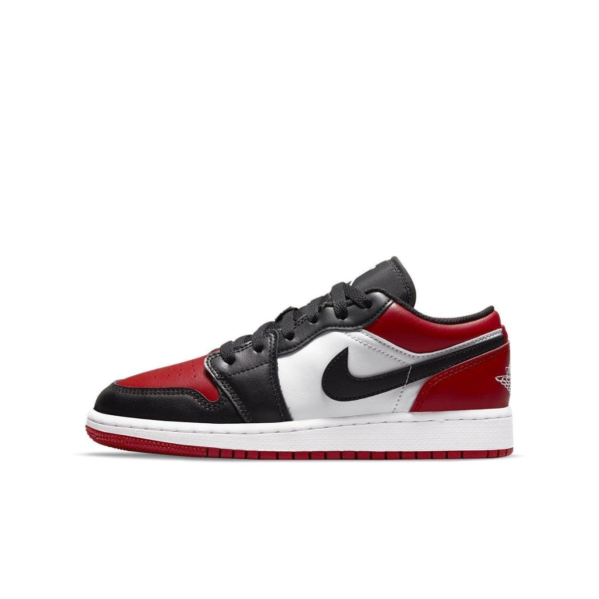 Jordan 1 Low Bred Toe (GS) sneakers featuring red, black, and white leather, iconic swoosh logo.
