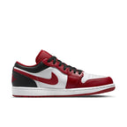 Jordan 1 Low Bulls sneaker in white, red, and black leather with a white midsole and rubber outsole.
