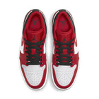 Top view of the Jordan 1 Low Bulls sneakers in red, black, and white leather with iconic Jordan branding.
