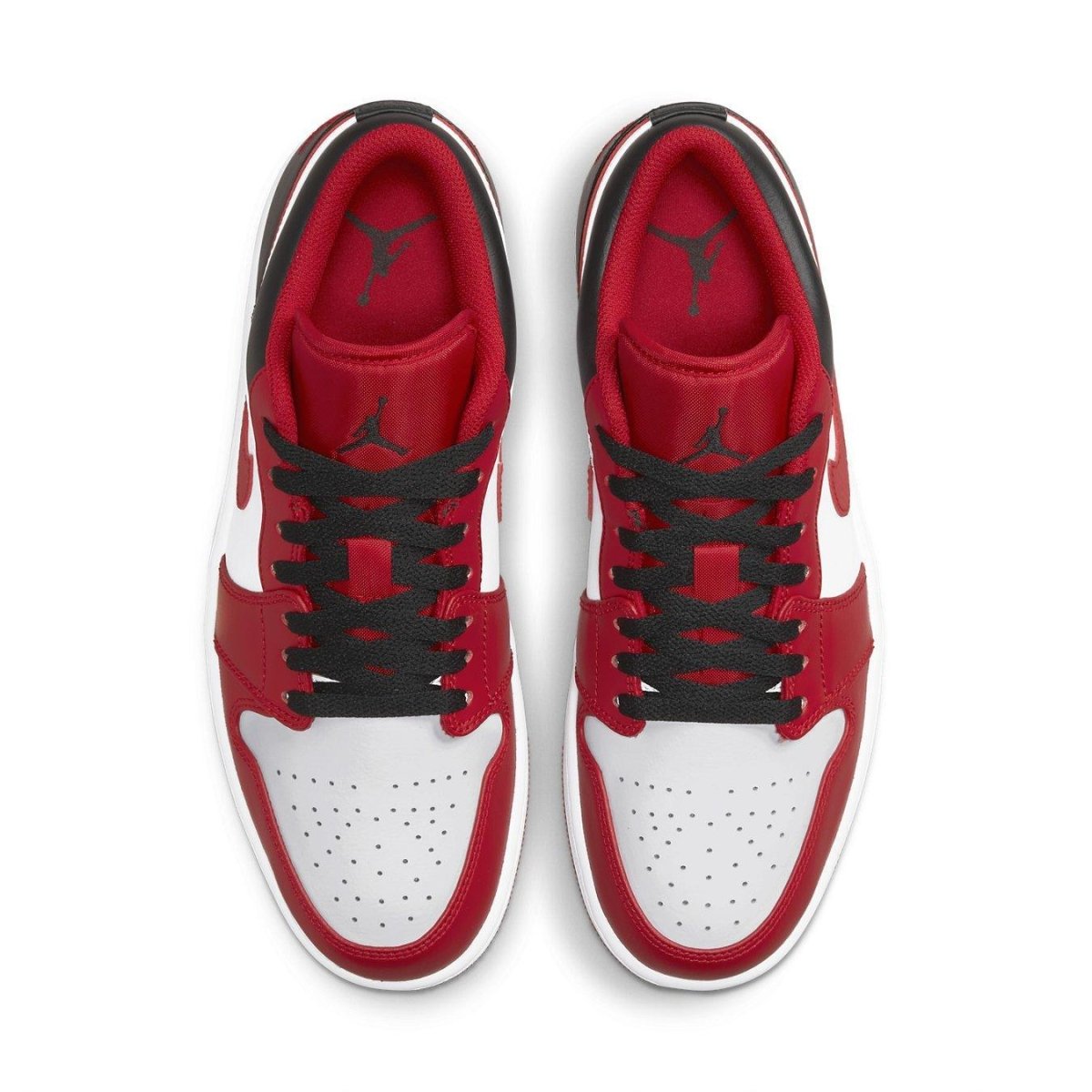 Top view of the Jordan 1 Low Bulls sneakers in red, black, and white leather with iconic Jordan branding.