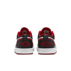 Retro Air Jordan 1 Low Bulls in black, red, and white, featuring iconic logo on the heel.
