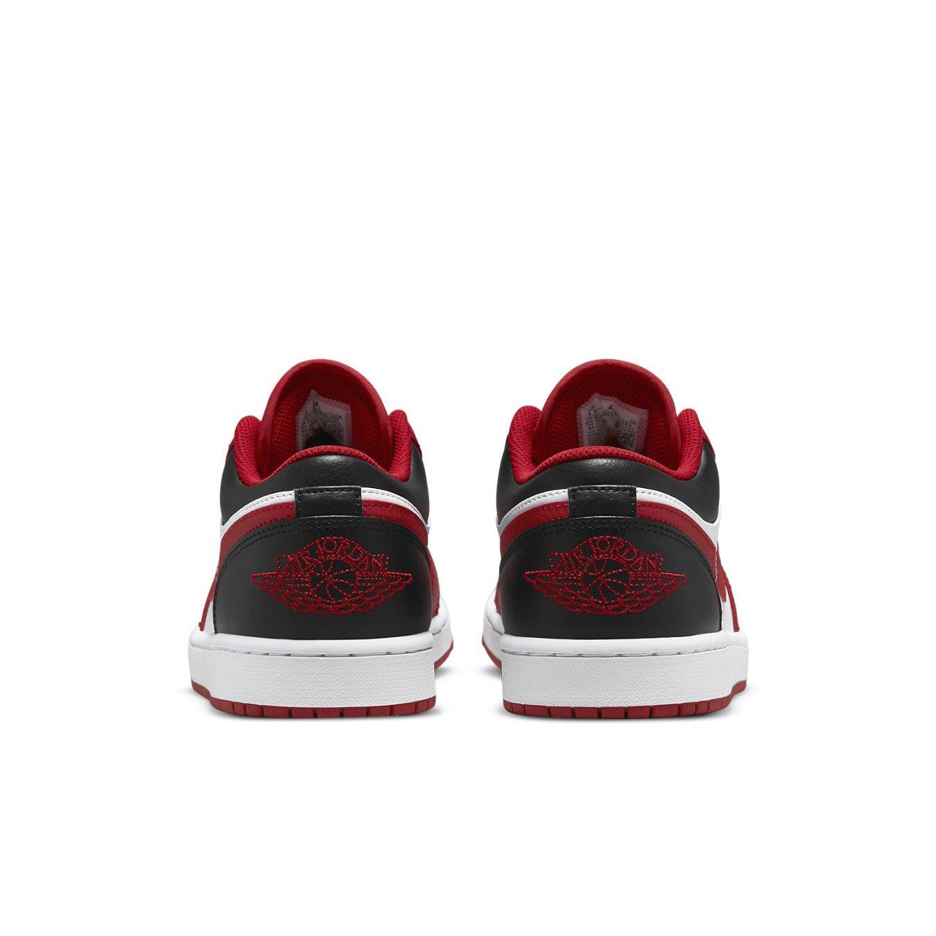 Retro Air Jordan 1 Low Bulls in black, red, and white, featuring iconic logo on the heel.