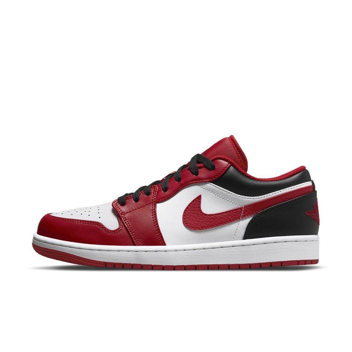 Air Jordan 1 Low Bulls sneaker in red, black, and white leather with iconic Swoosh and rubber sole.