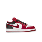 Air Jordan 1 Low Bulls GS features white leather, red overlays, black accents, and iconic design.