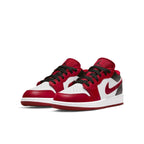 Air Jordan 1 Low Bulls GS in white, Gym Red, and black with Air cushioning and bold design.