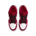 Air Jordan 1 Low Bulls GS sneakers in white and Gym Red, featuring black laces, top view.