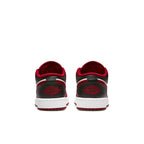 Retro Air Jordan 1 Low Bulls GS sneakers featuring Gym Red and black colorway with iconic logo detailing on the heels.