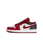 Air Jordan 1 Low Bulls GS with white leather, Gym Red overlays, and black accents, showcasing a classic sneaker design.