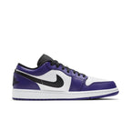 Air Jordan 1 Low Court Purple White sneaker featuring purple overlays and white leather base in classic style.