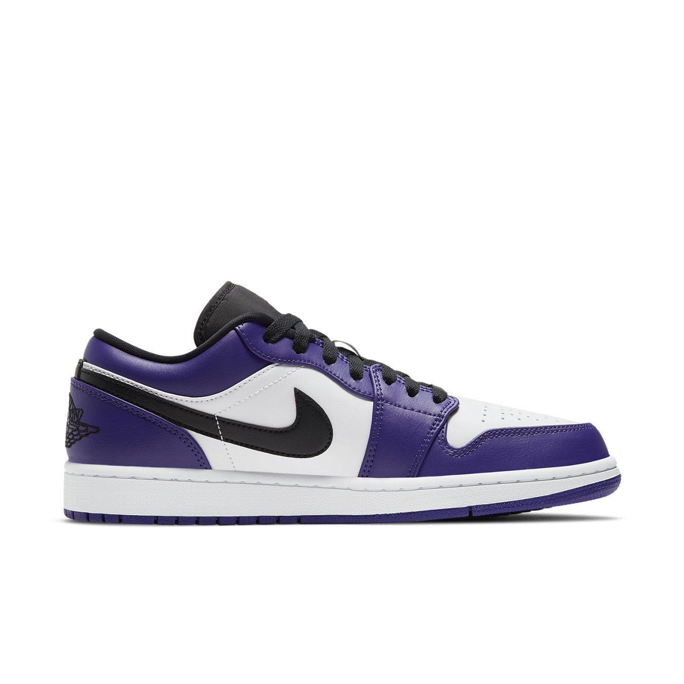 Air Jordan 1 Low Court Purple White sneaker featuring purple overlays and white leather base in classic style.