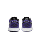 Jordan 1 Low Court Purple White sneakers featuring purple overlays and classic white leather base from the back view.