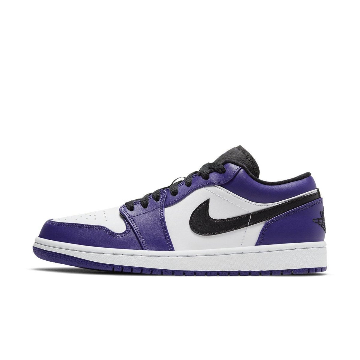 Air Jordan 1 Low Court Purple White sneaker featuring vibrant purple overlays and classic white leather base.
