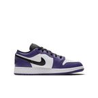Jordan 1 Low Court Purple White (GS) sneaker with leather upper in purple, white, and black colors.