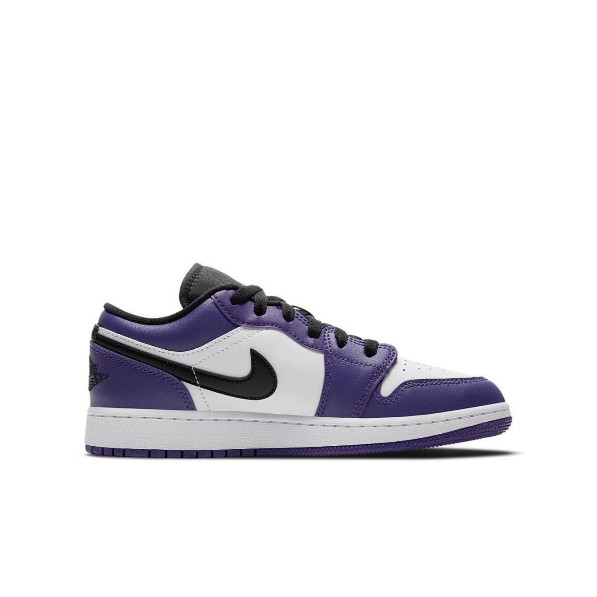Jordan 1 Low Court Purple White (GS) sneaker with leather upper in purple, white, and black colors.