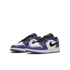 Jordan 1 Low Court Purple White (GS) sneakers featuring a stylish purple and white design.