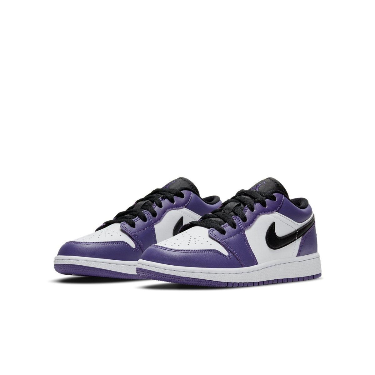 Jordan 1 Low Court Purple White (GS) sneakers featuring a stylish purple and white design.
