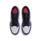 Jordan 1 Low Court Purple White (GS) sneakers with purple, white, and black colorway, featuring classic low-top design.