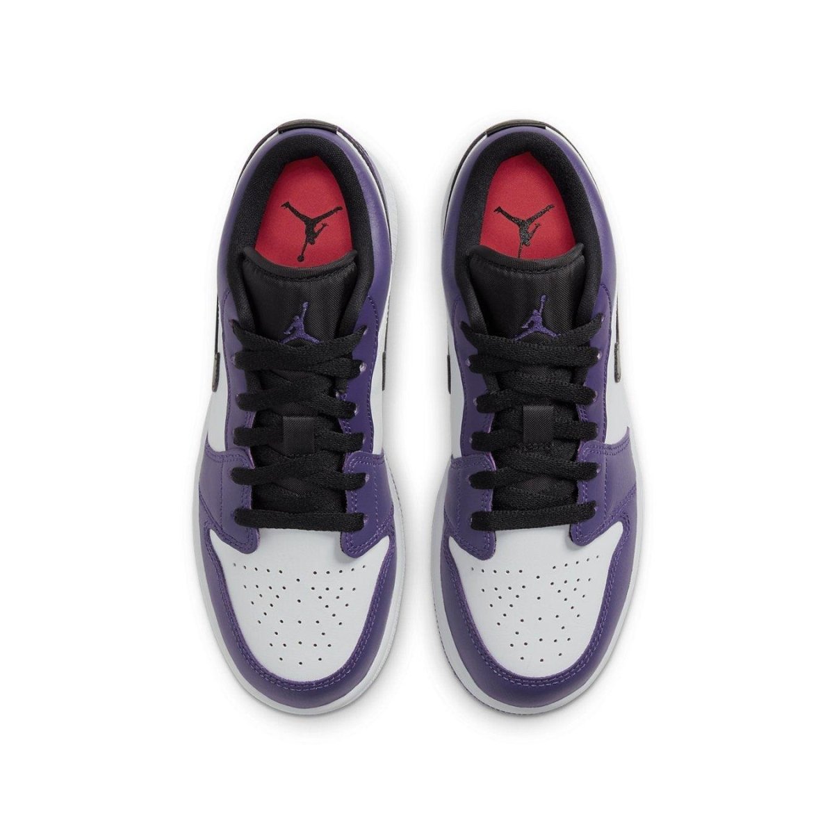 Jordan 1 Low Court Purple White (GS) sneakers with purple, white, and black colorway, featuring classic low-top design.