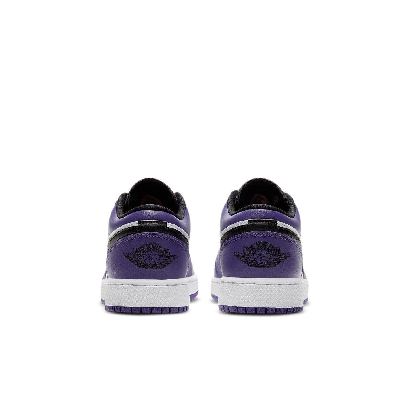 Rear view of Air Jordan 1 Low Court Purple White (GS) showcasing sleek purple and white design.