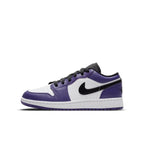 Jordan 1 Low Court Purple White (GS) sneaker with purple, black, and white colorway for stylish comfort.