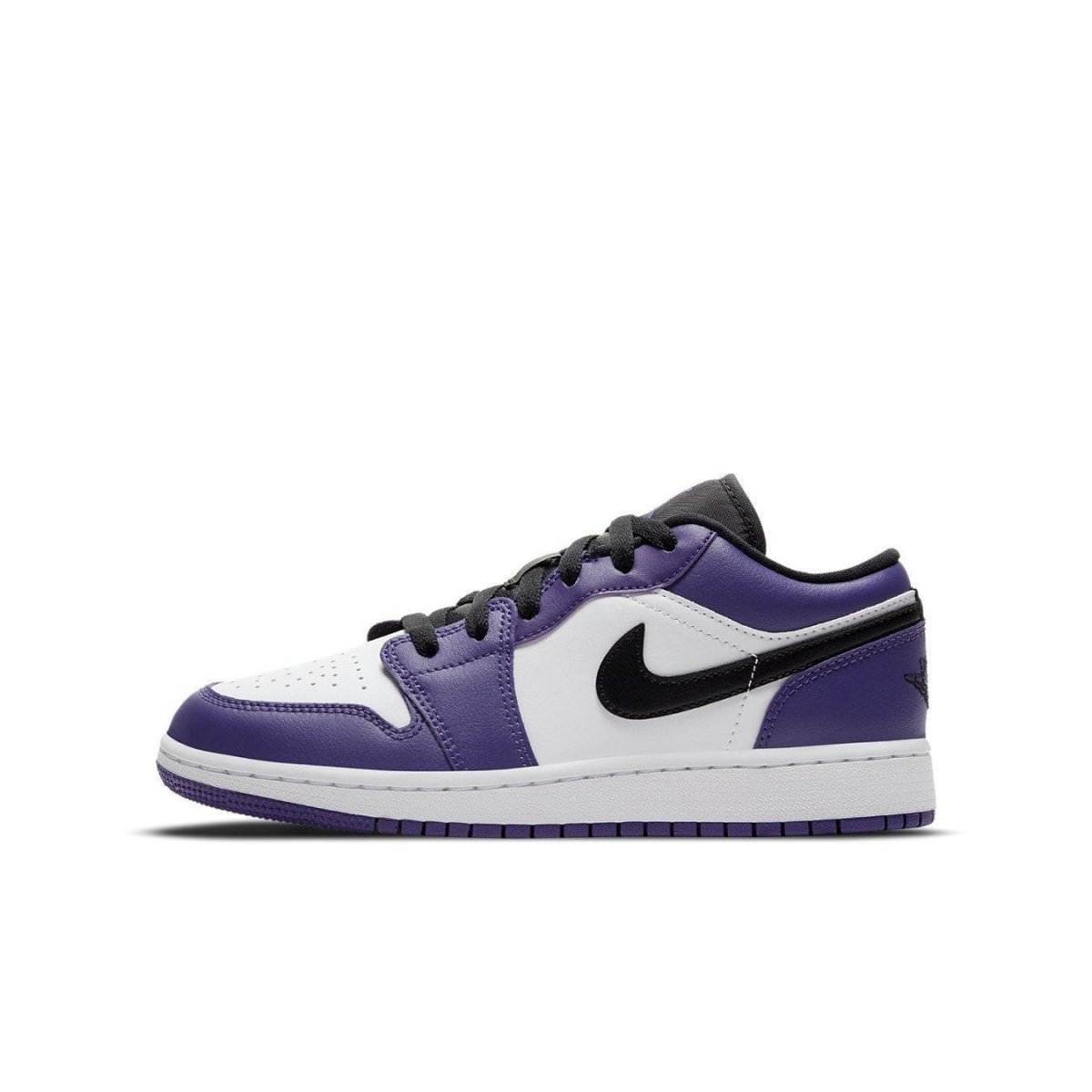 Jordan 1 Low Court Purple White (GS) sneaker with purple, black, and white colorway for stylish comfort.
