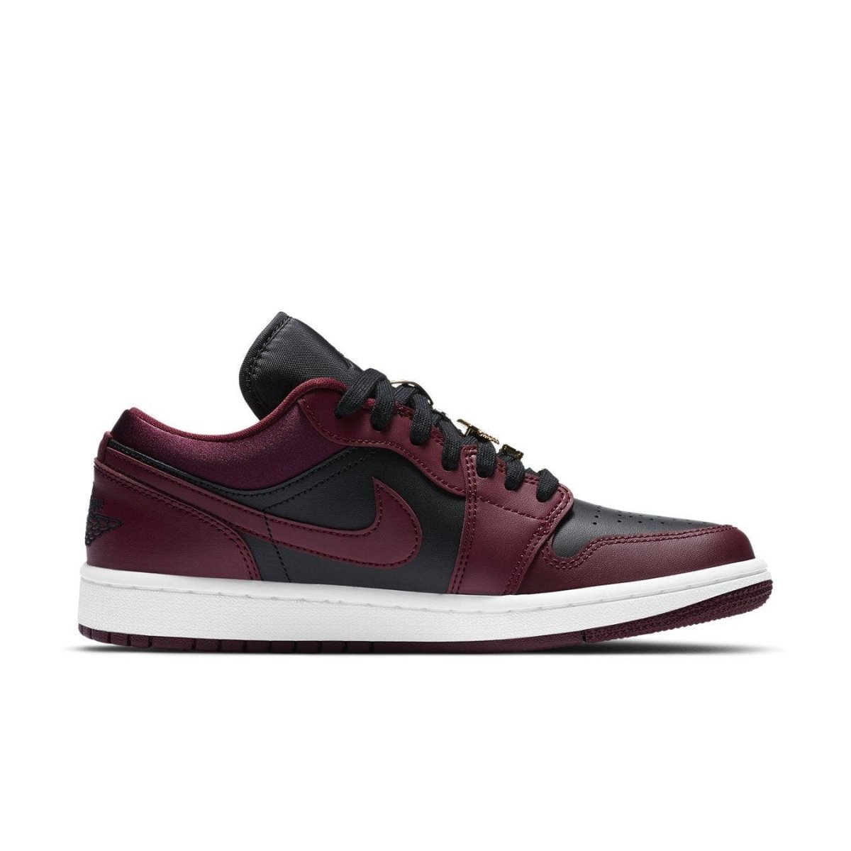 Jordan 1 Low Dark Beetroot Black for women, featuring a smooth leather upper with vibrant red and black accents.