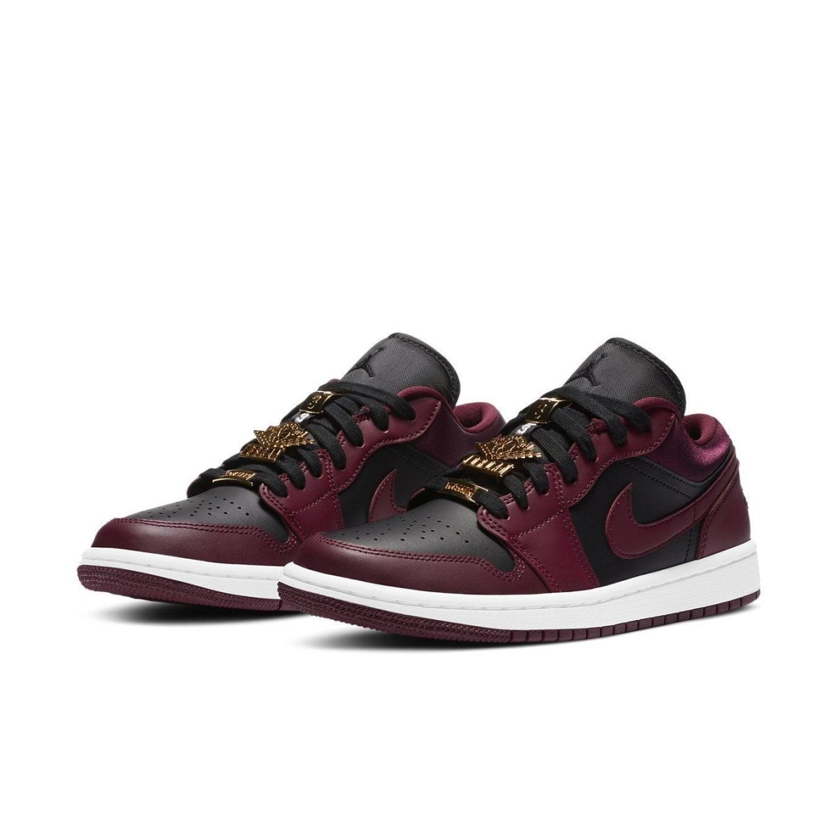 Jordan 1 Low Dark Beetroot Black (W) featuring smooth leather, vibrant red and black design, and stylish detailing.