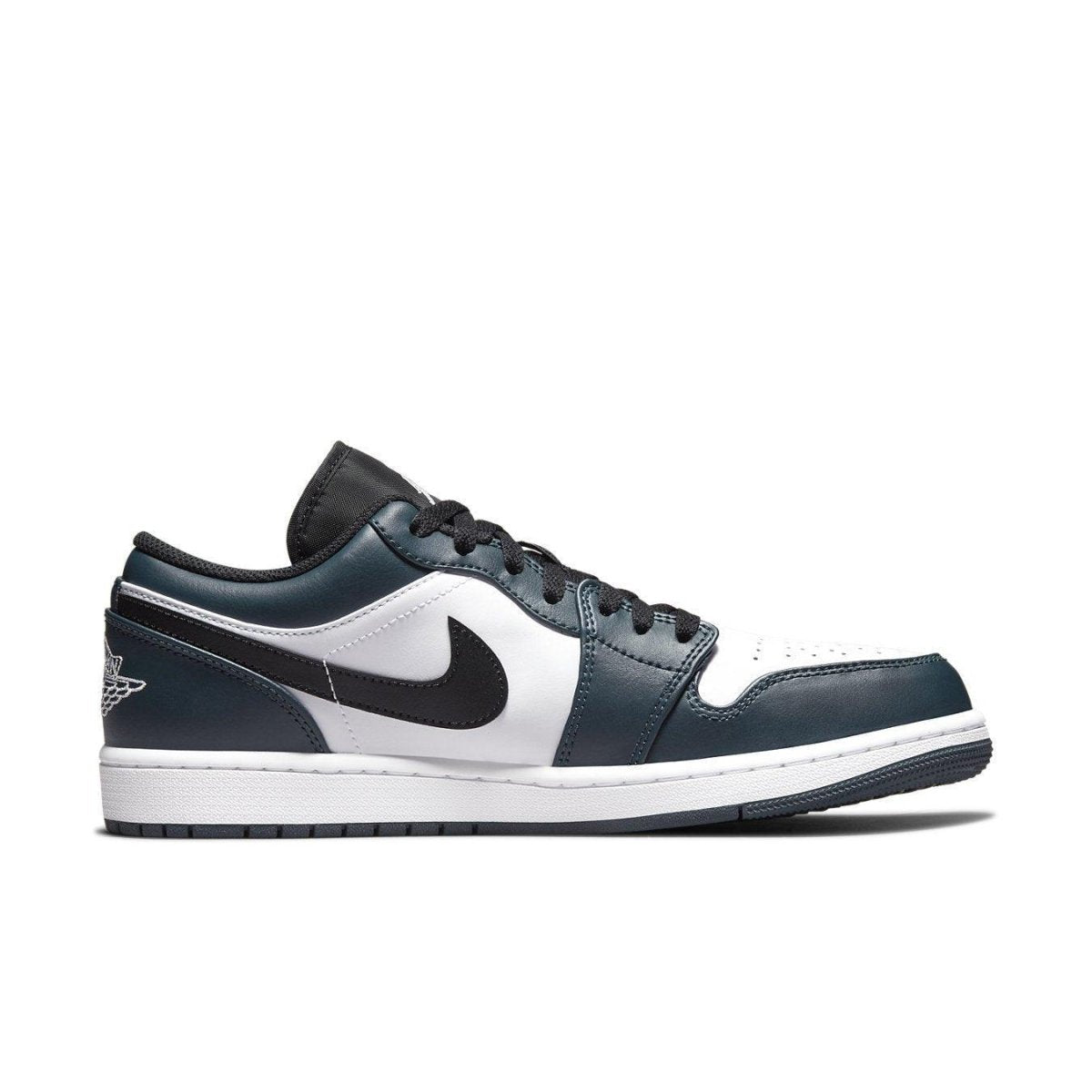Air Jordan 1 Low Dark Teal featuring white leather and dark teal overlays with black accents.