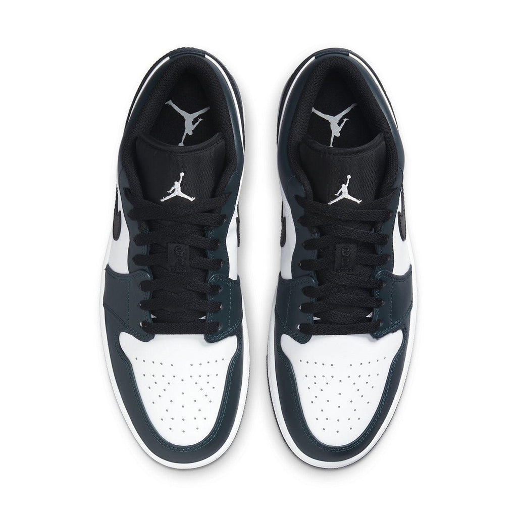 Air Jordan 1 Low Dark Teal sneakers featuring white leather and black Swooshes, perfect for casual style.