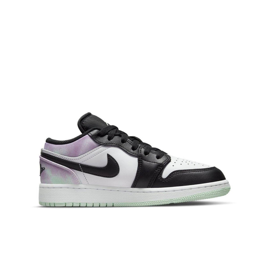 Jordan 1 Low Easter Pastel Tie-Dye GS sneaker featuring a black and white design with colorful tie-dye overlays.