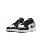 Jordan 1 Low Easter Pastel Tie-Dye in black, white leather with pastel tie-dye accents and mint green sole.
