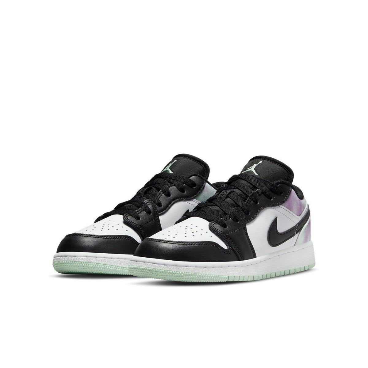 Jordan 1 Low Easter Pastel Tie-Dye in black, white leather with pastel tie-dye accents and mint green sole.