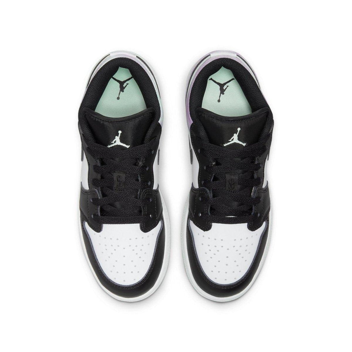 Air Jordan 1 Low Easter Pastel Tie-Dye GS in black and white with mint green accents and tie-dye overlays.