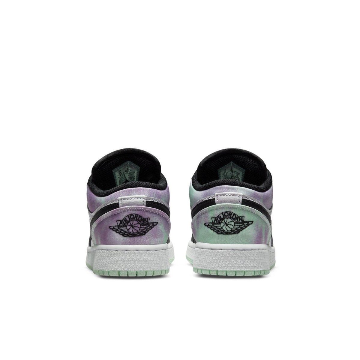 Back view of Air Jordan 1 Low Easter Pastel Tie-Dye sneakers featuring colorful tie-dye design and mint green sole.