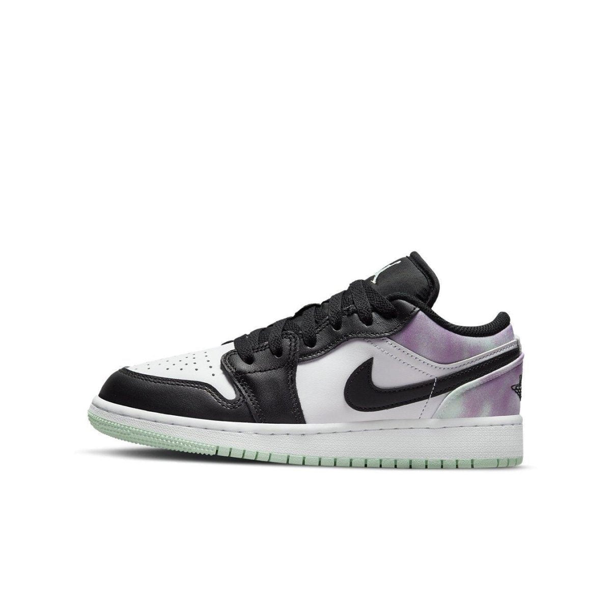 Jordan 1 Low Easter Pastel Tie-Dye sneakers in black, white, and pastel colorway with mint green sole.