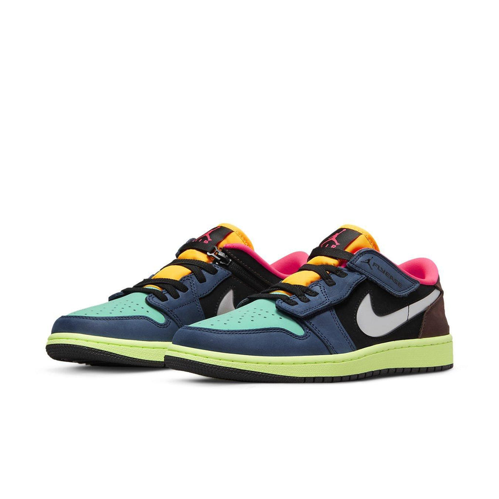 Stylish Jordan 1 Low FlyEase Bio Hack sneakers in blue, green, and pink with a modern design and Nike branding.