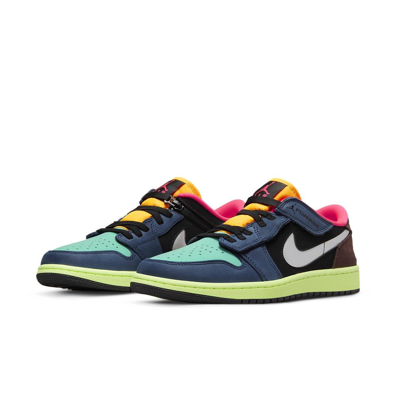 Stylish Jordan 1 Low FlyEase Bio Hack sneakers in blue, green, and pink with a modern design and Nike branding.