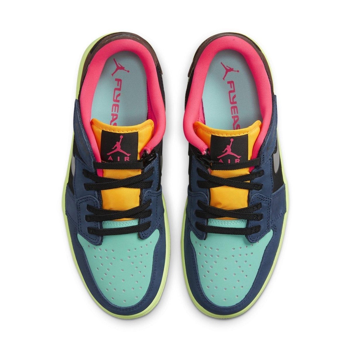 Top view of Jordan 1 Low FlyEase Bio Hack sneakers featuring vibrant colors and sleek design.