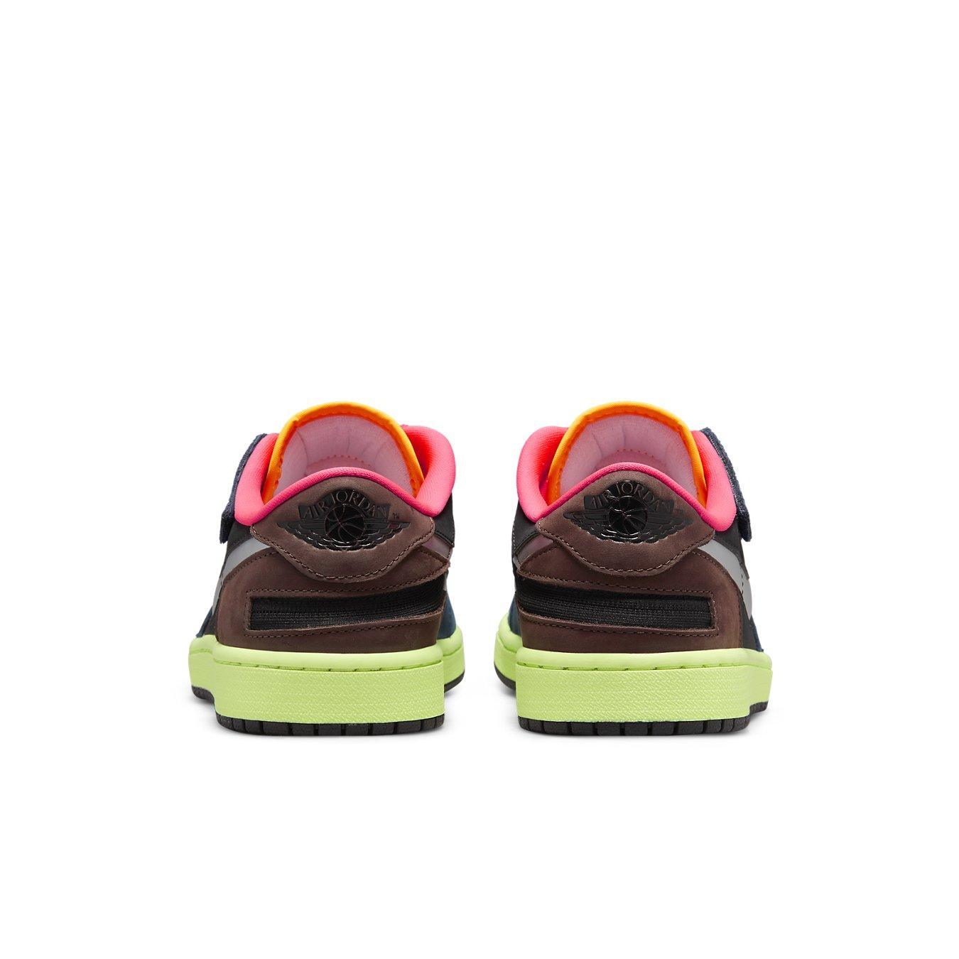 Back view of Jordan 1 Low FlyEase Bio Hack sneakers showcasing vibrant colors and modern design.