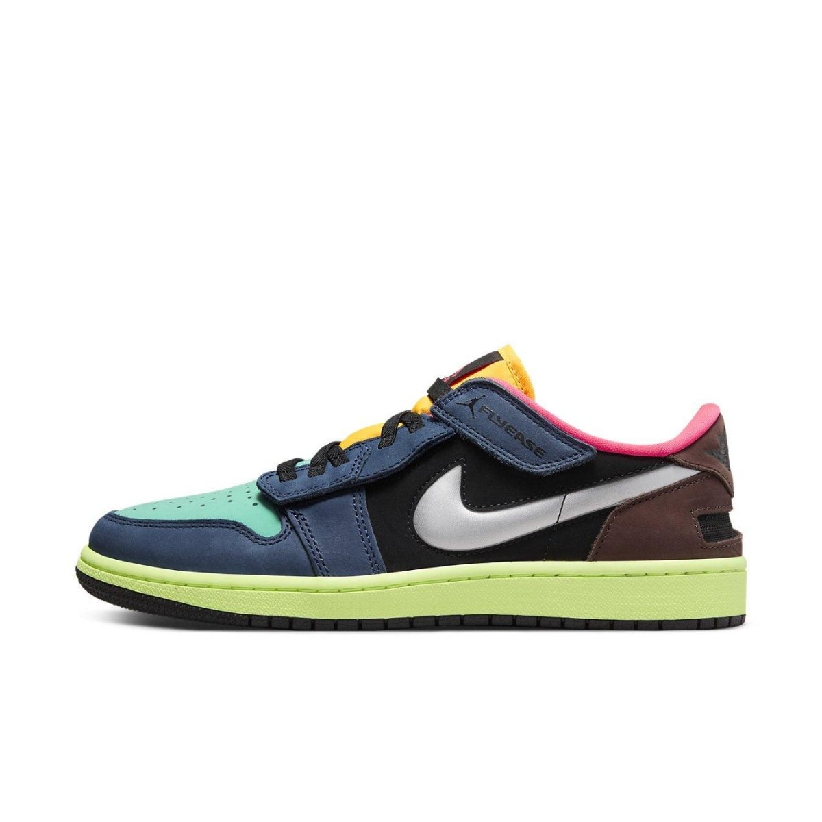 Jordan 1 Low FlyEase Bio Hack sneaker in blue, green, pink, and black with a vibrant sole and classic Nike swoosh.